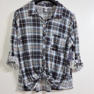 3X Women's Lisa Plaid Long Sleeve Roll Tab Button Down Tie Front Flannel Top
